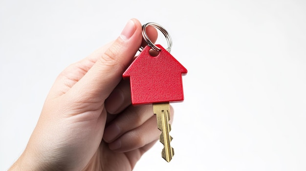 Photo hand holding key with house keychain symbol of property ownership