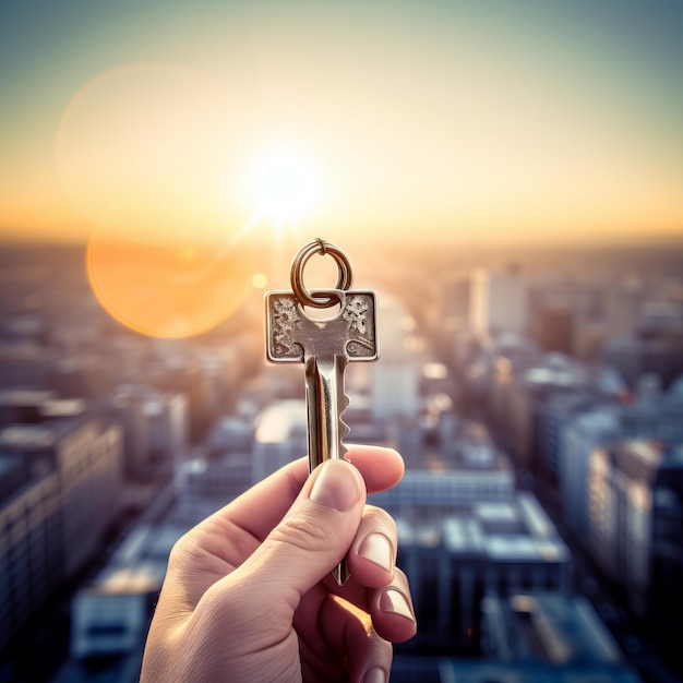 Photo hand holding key with sunset background over the city concept of new apartment real estate purchase home buying and metropolitan lifestyle