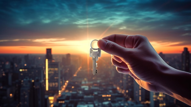 Hand holding key with a sunset background over the city Concept of new apartment real estate purchase home buying property ownership and metropolitan lifestyle Banner Copy space