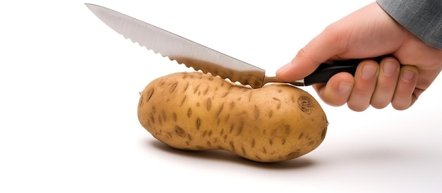 Hand holding knife and cutting potatoes for cooking Food ingredients