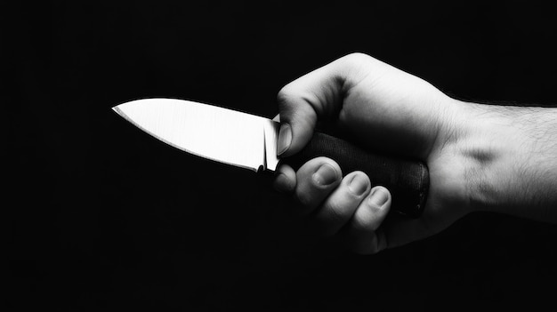 Photo a hand holding a knife in the dark with black background ai