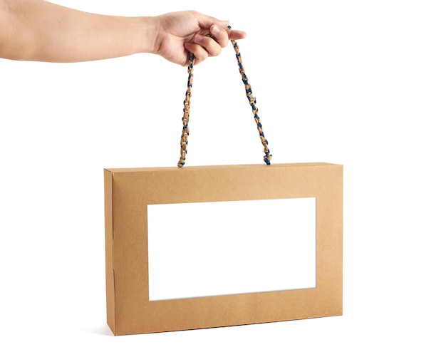 Hand holding a kraft paper handle bag isolated in white background