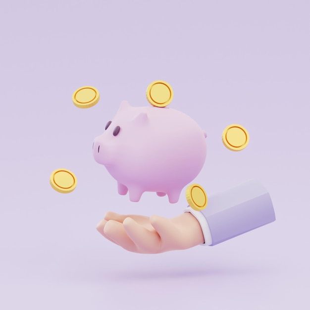 Hand holding a large Piggy and coin Gold coins fly around the piggy bank online payment and investment concept saving money concept 3d render