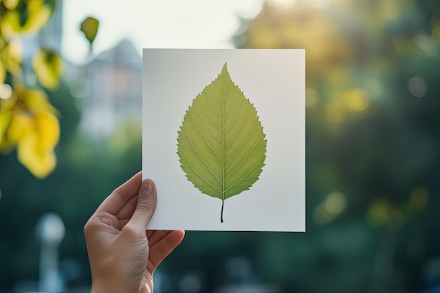 Photo hand holding a leaf print on poster paper