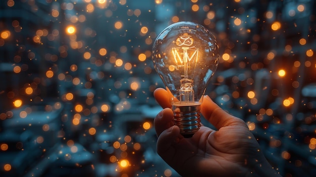 Hand holding light bulb against dark blue abstract background Creative thinking idea innovation concept