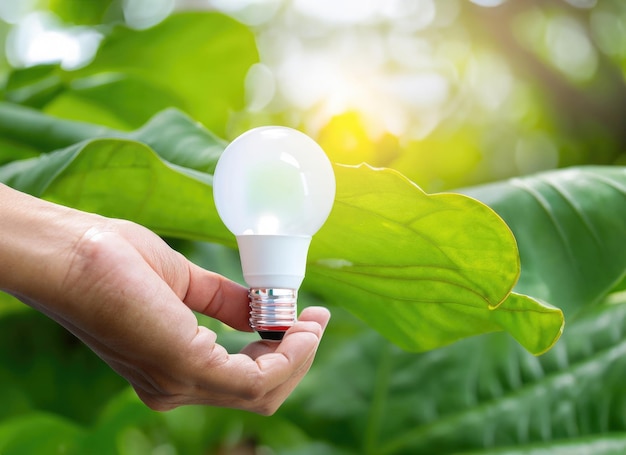 hand holding light bulb against nature on green leaf AI Generated