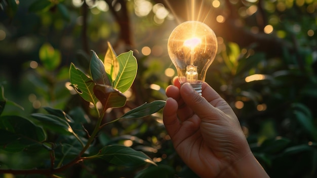 Hand holding a light bulb against nature on a green leaf with icons of energy AI generated