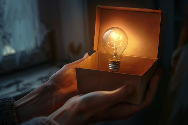 hand holding light bulb coming out from a paper box