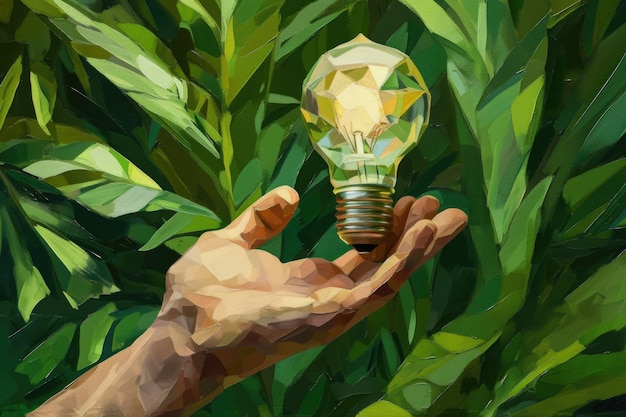 A hand holding a light bulb in a green forest