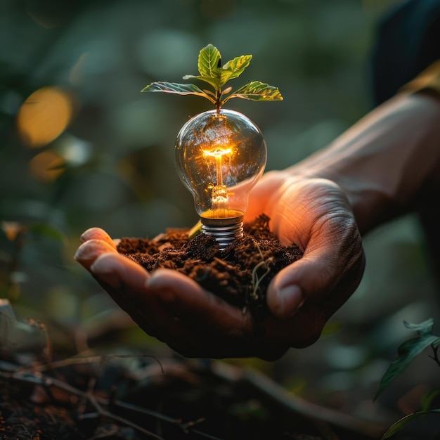 a hand holding a light bulb that has a plant growing out of it