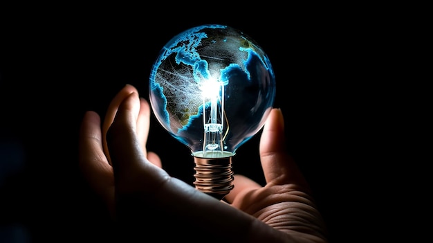 hand holding a light bulb with a globe inside Worlds earth day