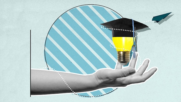 Photo a hand holding a light bulb with a graduation cap on top