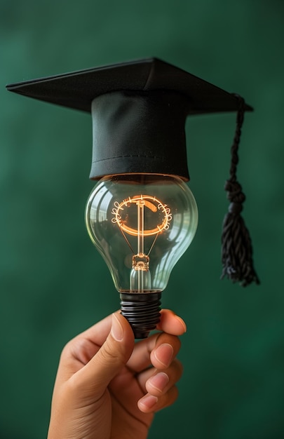 Hand holding a light bulb with a graduation hat on a green background symbolizes education and creative thinking