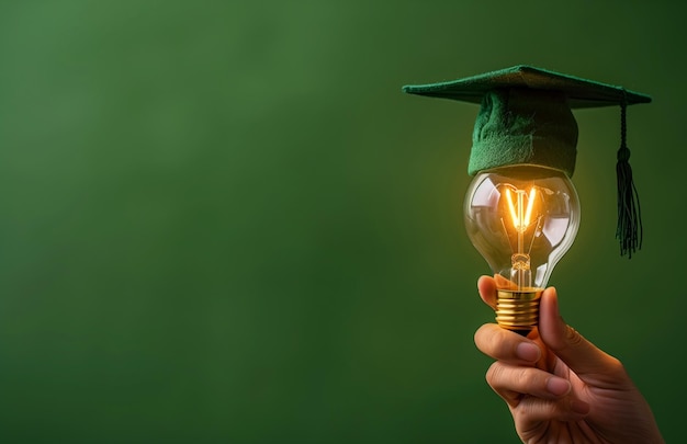 Hand holding a light bulb with a graduation hat on a green background symbolizes education and creative thinking