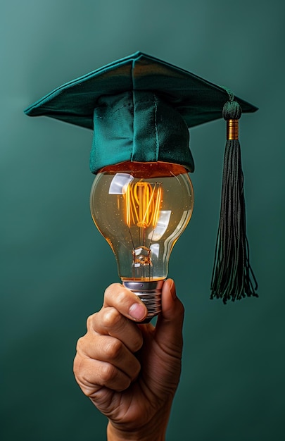 Hand holding a light bulb with a graduation hat on a green background symbolizes education and creative thinking