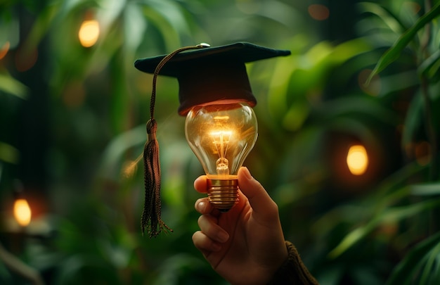 Hand holding a light bulb with a graduation hat on a green background symbolizes education and creative thinking