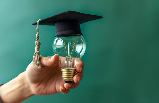 Hand holding a light bulb with a graduation hat on a green background symbolizes education and creative thinking