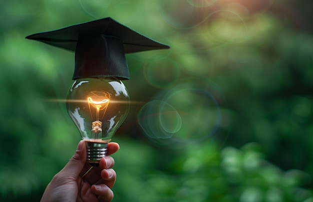 Hand holding a light bulb with a graduation hat on a green background symbolizes education and creative thinking