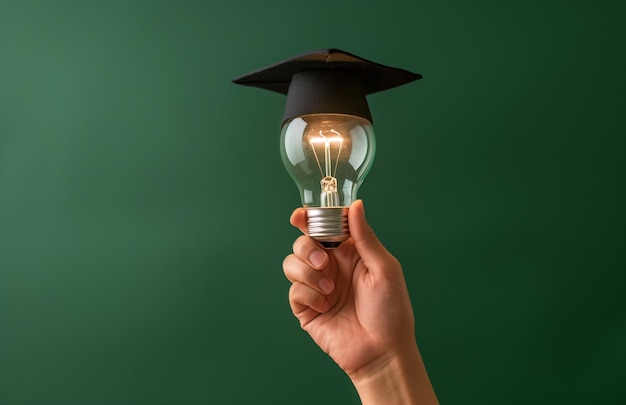 Hand holding a light bulb with a graduation hat on a green background symbolizes education and creative thinking