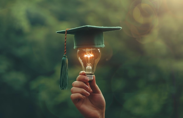 Hand holding a light bulb with a graduation hat on a green background symbolizes education and creative thinking