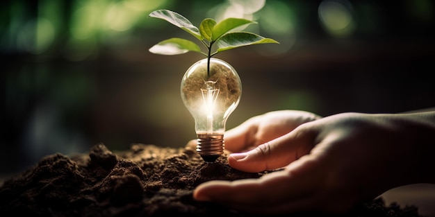 Hand holding light bulb with power plug and show trees renewable energy icons with sustainable development