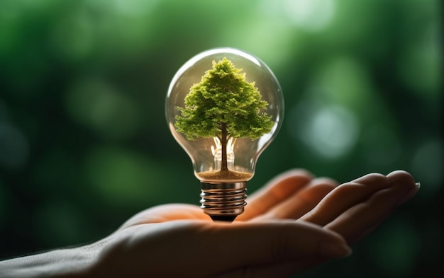 Hand holding light bulb with power plug and show trees renewable energy icons with sustainable