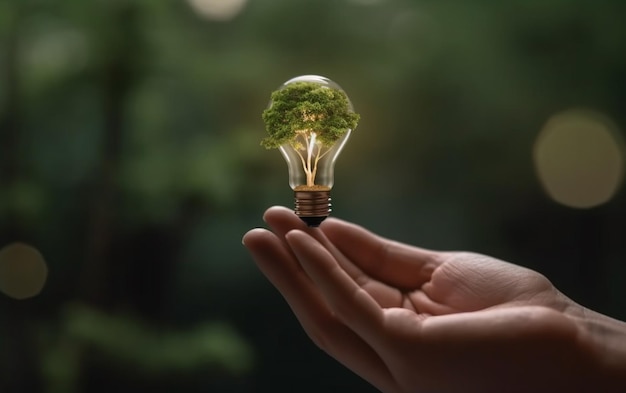 Hand holding light bulb with power plug and show trees renewable energy icons