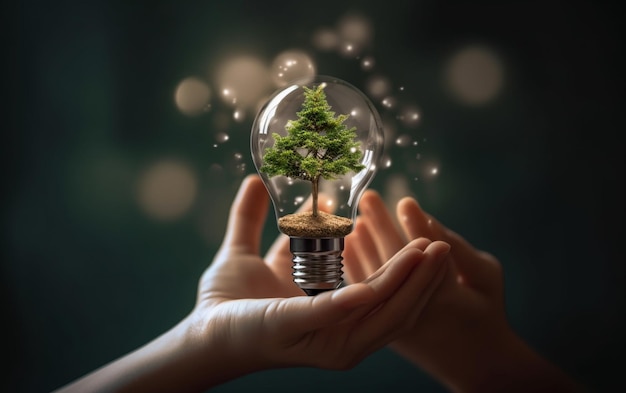 Hand holding light bulb with power plug and show trees renewable energy icons