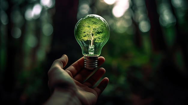 A hand holding a light bulb with a tree inside it.