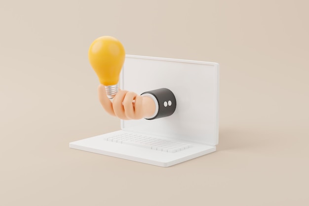 Hand holding lightbulb with computer laptop on background