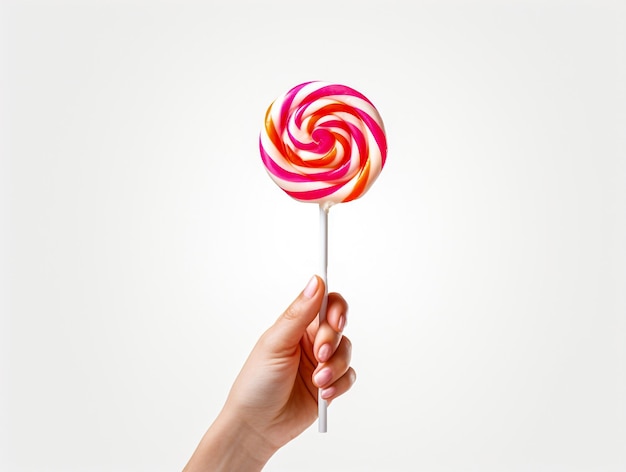 A hand holding lollipop on white background generative AI