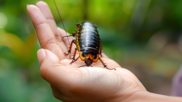 Photo hand holding a madagascar hissing cockroach outdoors gentle interaction with nature concept of exotic pets entomology wildlife handling outdoor learning and insect education