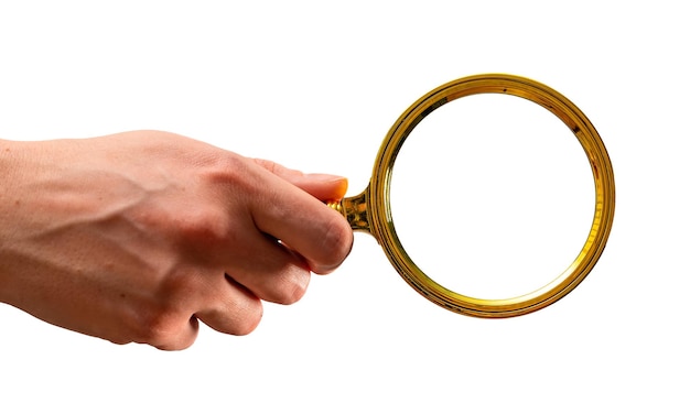 Hand holding magnifying glass loupe isolated on white background Search information research and analysis concept