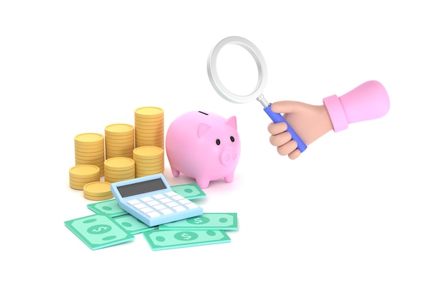 Hand holding magnifying glass and Piggy bank coins banknotes and calculator for symbol business