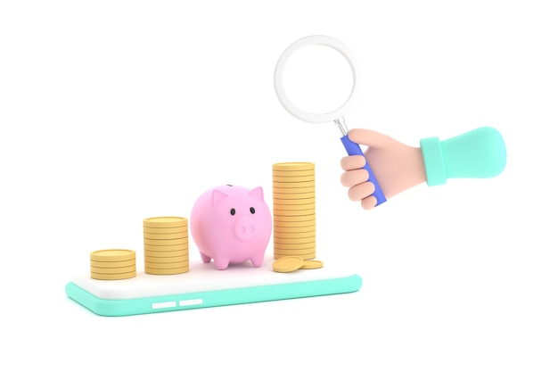 Hand holding magnifying glass and piggy bank coins concept of financial management