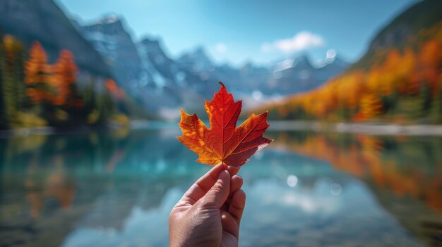 Hand holding a maple leaf a picturesque Canadian landscape with a lake and mountains Canada Day