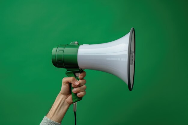 Hand holding a megaphone against a green cracked wall background