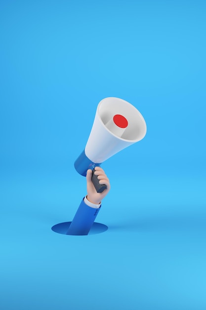 Hand holding a megaphone comes out of a hole isolated on blue background 3d illustration