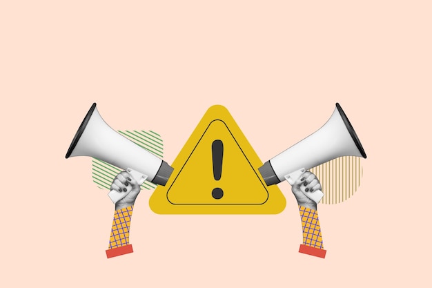 Hand holding megaphone with attention exclamation sign concept of announcement attention or warning information alert and beware concept