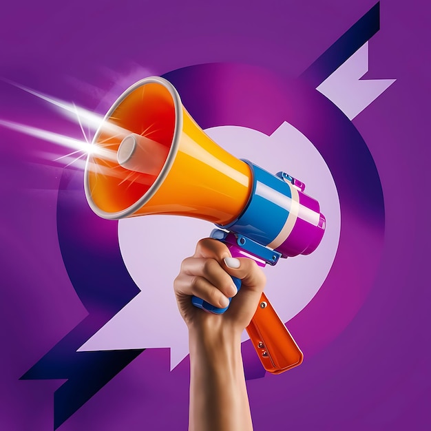 hand holding megaphone with speech bubble on purple background