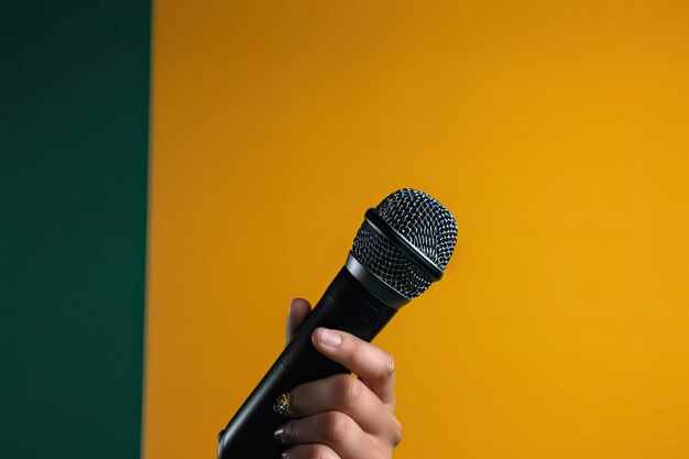 A hand holding a microphone against a yellow background