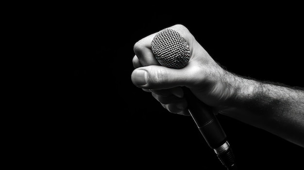 Photo hand holding microphone in black and white