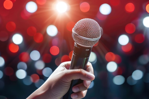 hand holding microphone on stage speaker conference