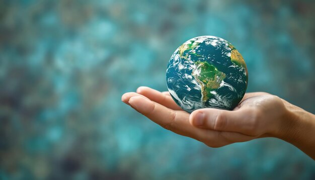 Hand holding a miniature Earth soft blue background surreal