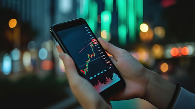 hand holding mobile phone screen with trading candlestick charts trading trading concept