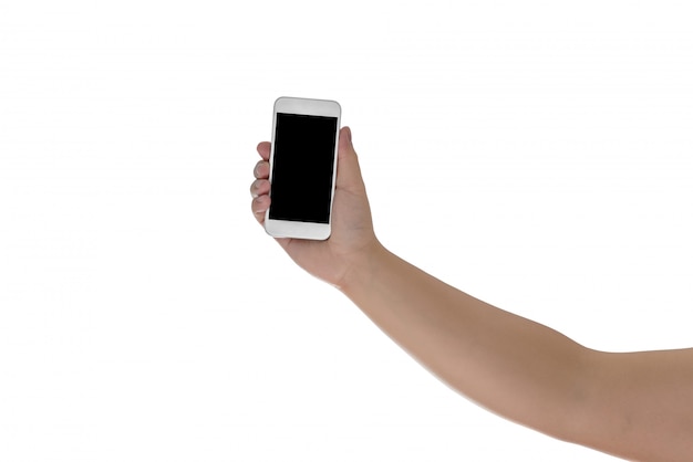 Hand holding mobile smart phone with blank screen. Isolated