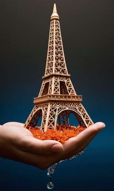 Photo a hand holding a model of the eiffel tower