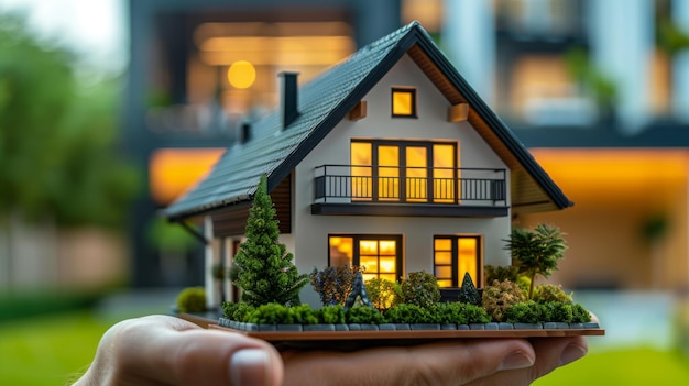 A hand holding a model home in front of a modern residence illustrating concepts of home ownership a