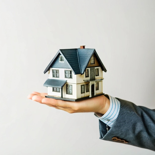 Photo a hand holding a model of a house that has a blue roof