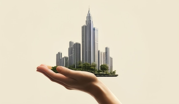 a hand holding a model of a skyscraper with trees in the background